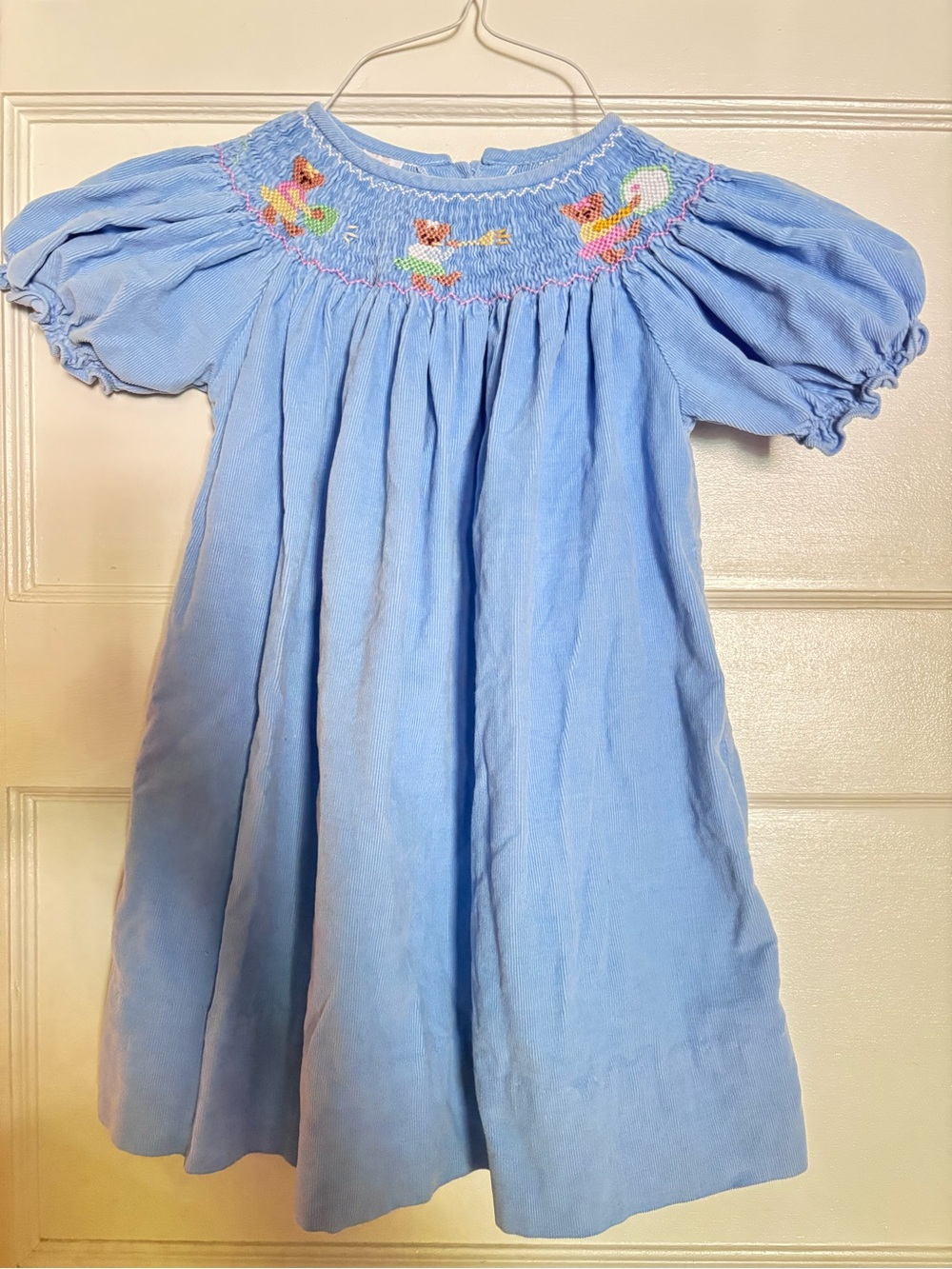 Light Blue Smocked Puff-Sleeve Girls' Dress
